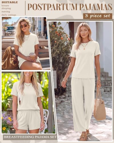 3 Piece Postpartum Nursing Pajamas Set Nursing Lounge Set - color: Beige, size: X-Large