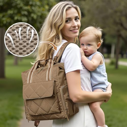 Omanmoli Diaper Bag Backpack Quilted Baby Bag Travel Breast Pump Backpack - color: Brown