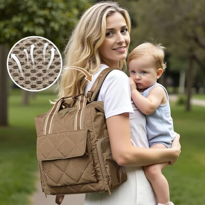 Omanmoli Diaper Bag Backpack Quilted Baby Bag Travel Breast Pump Backpack - color: Brown