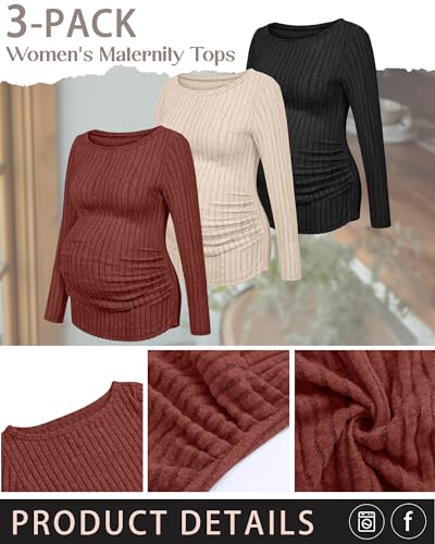 3 Pack Maternity Sweaters Long Sleeve Pregnancy Tops - color: Dark Pumpkin, Apricot, Black, size: Small