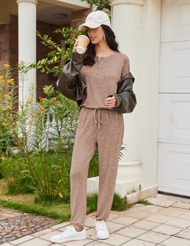 Ekouaer Womens Pajama Sets Long Sleeve Henley Neck Pj Sets Loungewear 2pcs - color: Brown, size: Small