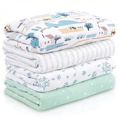 Muslin Swaddle Blankets for Newborn, Cotton Receiving Blanket - color: Light Blue Farm Country