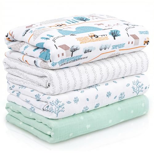 Muslin Swaddle Blankets for Newborn, Cotton Receiving Blanket - color: Light Blue Farm Country