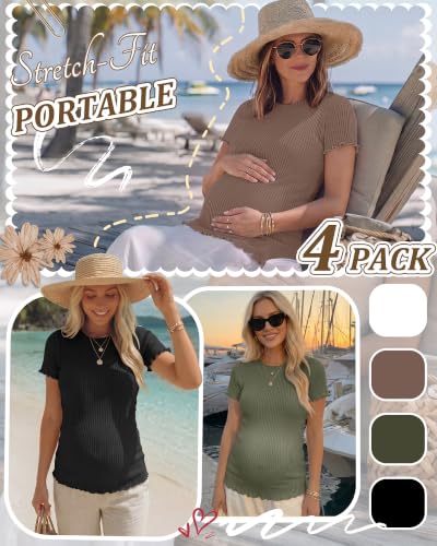 Riyiper 4 Pack Maternity Ribbed Knit Shirts for - color: Gray Green, Brown, White, Black, size: Large