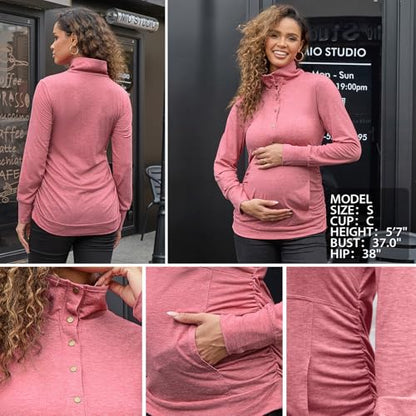 Bhome Maternity Shirt Casual Long Sleeve Half Button Front Lightweight Sweatshirts Slim Fit Pullover Tops with Pockets - color: Rose Red, size: Small
