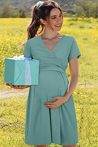 OUGES Women's Wrap V Neck Summer Casual Maternity Nursing Dress - color: Gray Blue, size: Small