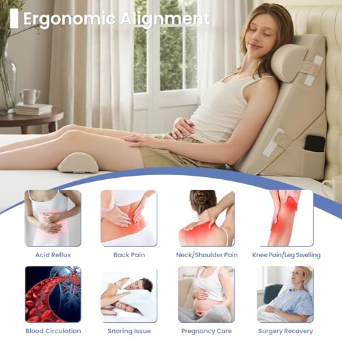 Sasttie Adjustable Wedge Pillow Set for After Surgery, Beige - color: Beige, size: Adjustable 9&12 Inch + 2 Head Pillows