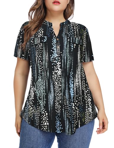 MONNURO Womens Plus Size Tops Button Down Tunic Plaid Shirts Casual Blouses - color: Flower126, size: 5X