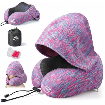 SkytraxComf® Travel Neck Pillow with Hood for Privacy on Long Flights - color: Colorful
