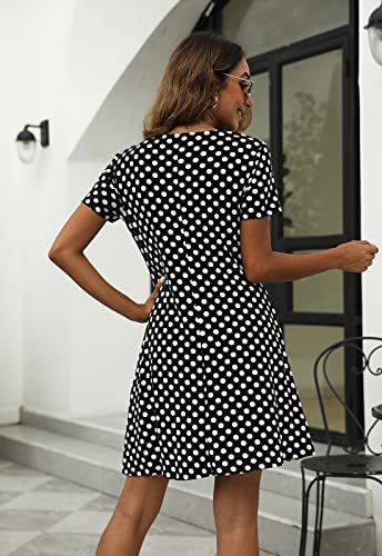 Manydress Women's Button Down Summer Dress Short Sleeve with Pockets - color: Black Dot, size: Small
