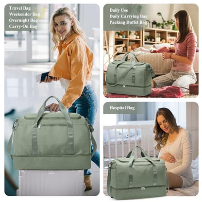 Travel Duffel Bag,Carry-On Overnight Weekender Bags with Shoes Compartment - color: Olive Green, size: Small