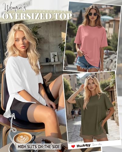 Huukeay 3 Pack Women's Oversized T Shirts Workout Tops - color: Army Green, White, Bean Paste Pink, size: Large