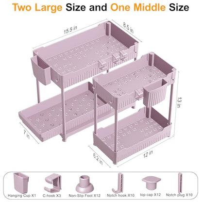 Sevenblue 3-Pack 2-Tier Under Sink Organizers with Sliding Drawers - color: Pink, size: 12.8 Inch