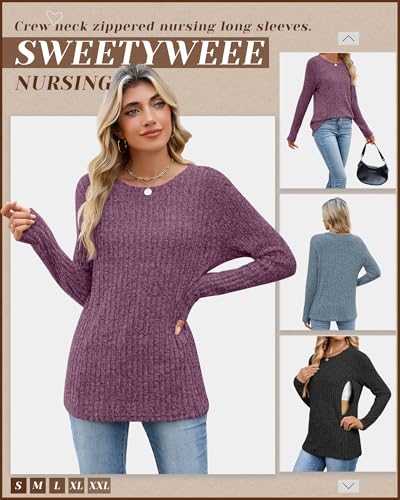 3 Pack Maternity Nursing Ribbed Long Sleeve Tops - color: Black, Blue, Fuchsia, size: Small