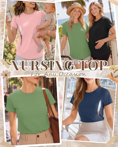 Huukeay 4 Pack Women's Nursing Breastfeeding T-Shirts - color: Haze Blue, Soft Pink, Lime Green, Black, size: Large