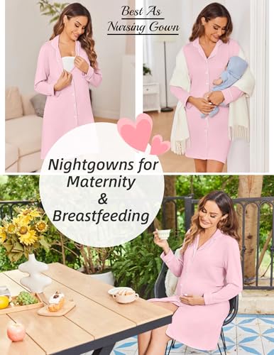Ekouaer Womens Nightgown Long Sleeve Nightshirt Soft Button Down Sleepshirt - color: Misty Rose, size: Large
