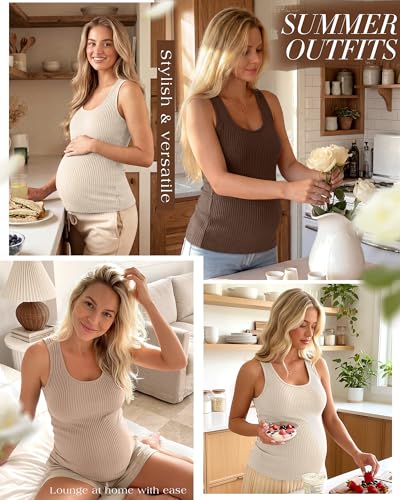 Ficerd 3 Pack Women's Maternity Ribbed Tank Tops - color: Apricot, Khaki, Brown, size: Medium