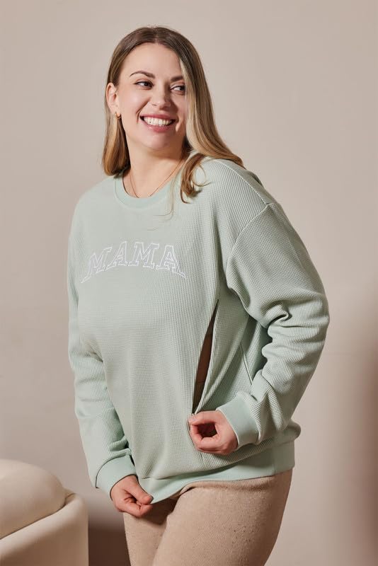 Maternity Sweatshirt Nursing Top Waffle Knit Breastfeeding Shirt with Zipper Pregnancy Mama Clothes Pullover - color: Green, size: Medium