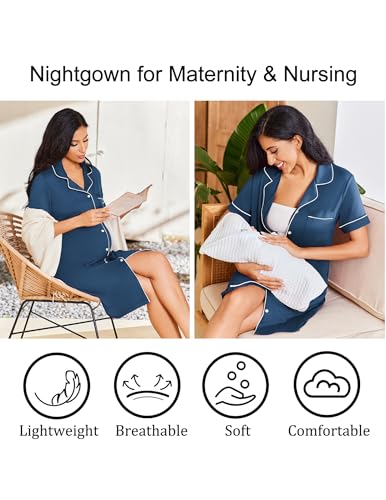 Ekouaer Nightgowns for Women Bamboo Viscose Button Down Sleepshirts - color: Blue, size: X-Large