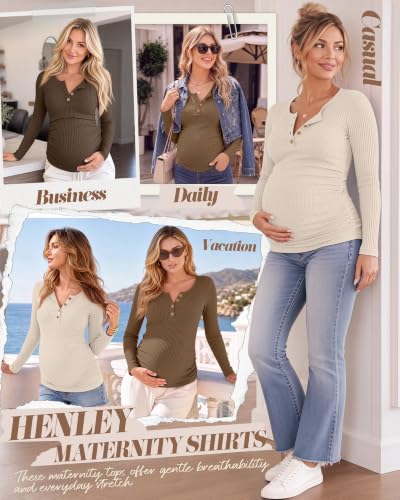 Huukeay 3 Pack Womens Maternity Long Sleeve Shirts Pregnancy Top - color: Apricot, Light Coffee, Coffee, size: Medium