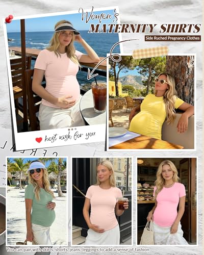 Huukeay 4 Pack Women's Short Sleeve Maternity Tops - color: Beige, Pastel Yellow, Gray Green, Light Pink, size: Large