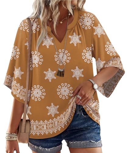 WIHOLL Boho Tops for Women Summer Spring 3/4 Sleeve Dressy Fashion V Neck Casual 2026 Business Beach Plus Size Resort Blouses - color: Multi Coffee, size: Small