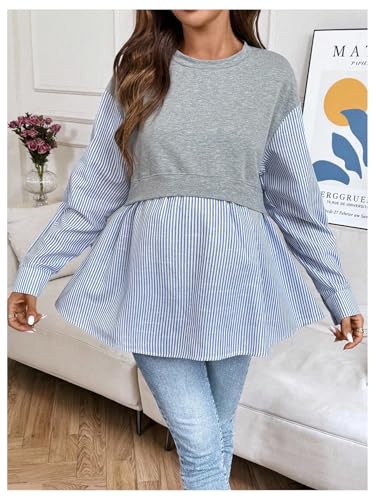 MakeMeChic Women's Going Out Striped Maternity T Shirt Crew Neck Long Sleeve Pregnancy Tops - size: Medium