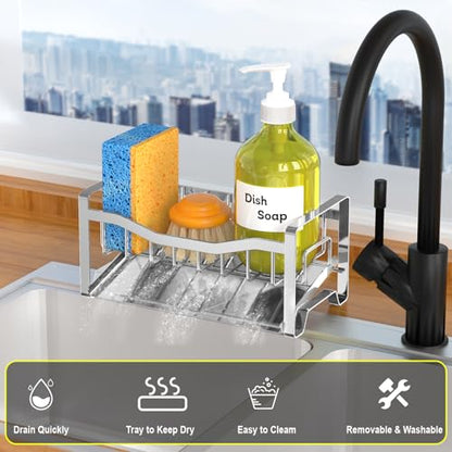 Maifan Stainless Steel Kitchen Sink Caddy Organizer with Auto Drain Tray, Sponge Holder for Countertop Storage Silver - color: Silver