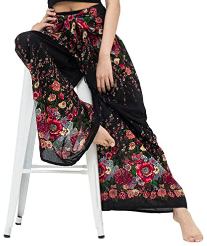 B BANGKOK PANTS Women's Boho Palazzo Pants - color: Black Flowers, size: One Size