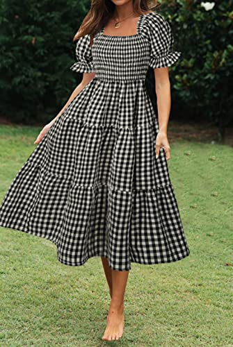ZESICA Women's Summer Boho Gingham Puff Sleeve Square Neck Beach Midi Dress - color: Black, size: Large