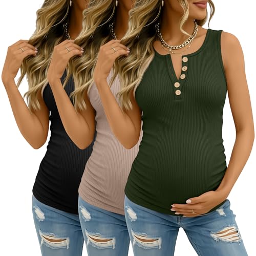 3 Pack Maternity Tank Tops Ribbed Tops - color: Army Green, Khaki, Black, size: Large