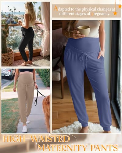 3 Pack Womens Maternity Pants Loose Pregnancy Joggers - color: Khaki, Haze Blue, Black, size: XX-Large