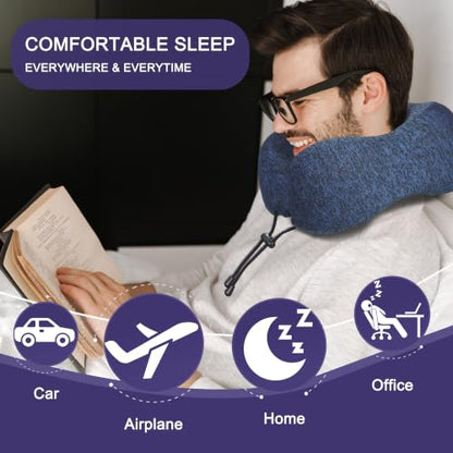 napfun Neck Pillow for Travel, Memory Foam Airplane Pillow, Full Dark Blue - color: Blue