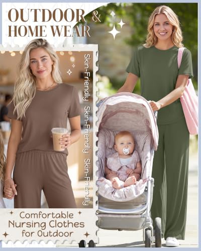 Ficerd 2 Pack Maternity Nursing Pajama Breastfeeding Sets Pjs - color: Army Green, Coffee, size: X-Large