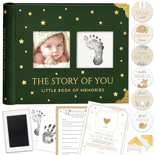 Book Keepsake, Baby Memory Book From Pre-Birth to 5th Year, with 2 Photo Pockets, Milestone Stickers, Hand/Footprint Inkpad, Baby Album and Baby Book for Girls or Boys (Dark Sage) - color: Dark Sage