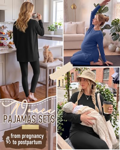 Neer 2 Pack Maternity Pajama Sets 2 Piece Outfits - color: Haze Blue, Black, size: Large