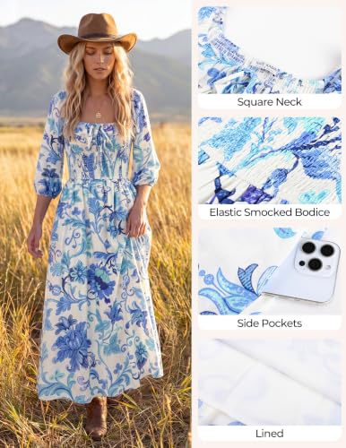 Kate Kasin Womens Summer Fall Boho Maxi Wedding Guest Dresses with Pockets - color: White and Blue Floral, size: Medium