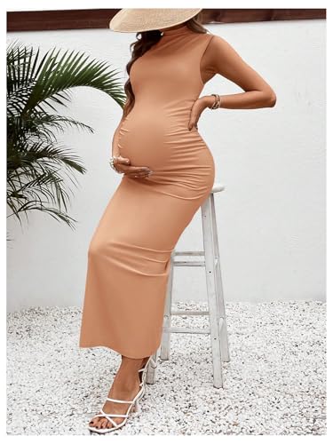 OYOANGLE Women's Maternity Mock Neck Sleeveless Ruched Bodycon Maxi Dress - color: Light Khaki, size: Small