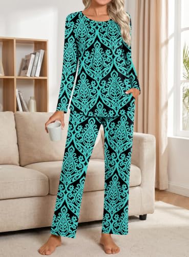 Addtoo Womens Fall Pajama Sets 2026 2 Piece Long Sleeve Soft Loungewear - color: Fl Blue-green, size: XX-Large