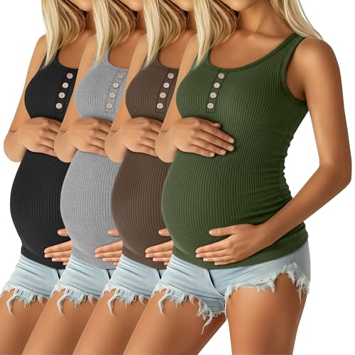 4 Pack Maternity Henley Tank Tops - color: Army Green, Coffee, Light Gray, Black, size: Small