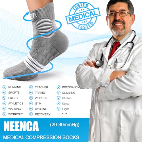 NEENCA Professional Compression Socks for Women Men Circulation, 20-30 mmHg - color: Gray White, size: Medium
