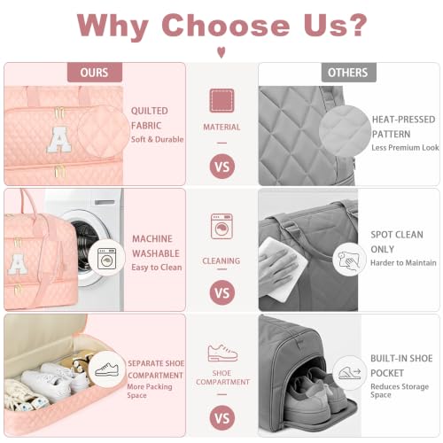Graduation Gift for Her, Quilted Initial Travel Bag with Shoe Compartment - color: Pink Diamond Quilted, style: J