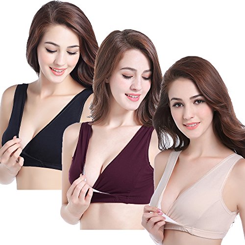 CAKYE 3 Pack Maternity Nursing Sleep Bra Breastfeeding Cotton Bralette - color: Black/Burgundy/Nude, size: Large