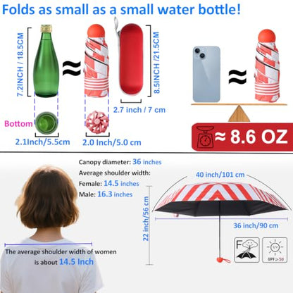 BAODINI Mini Travel Umbrella with UV Sun Protection, Compact Pocket-Size - color: H-1 Pack Red Stripes