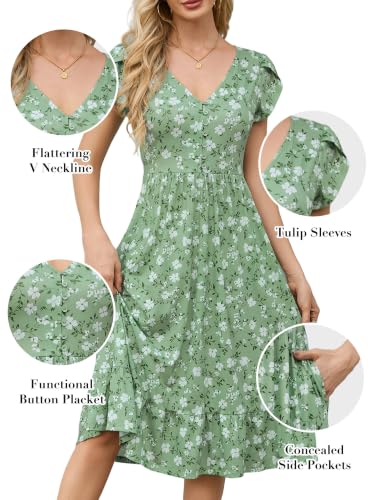 FENSACE Tulip Sleeve V Neck Button Down Dress with Pockets - color: Black-1, size: Medium