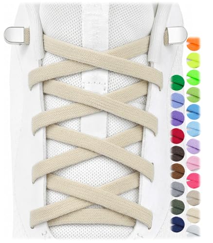Stepace 2 Pairs Flat Elastic No Tie Shoe Laces for Kids and Adults Sneakers - color: Beige
