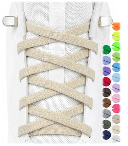 Stepace 2 Pairs Flat Elastic No Tie Shoe Laces for Kids and Adults Sneakers - color: Beige