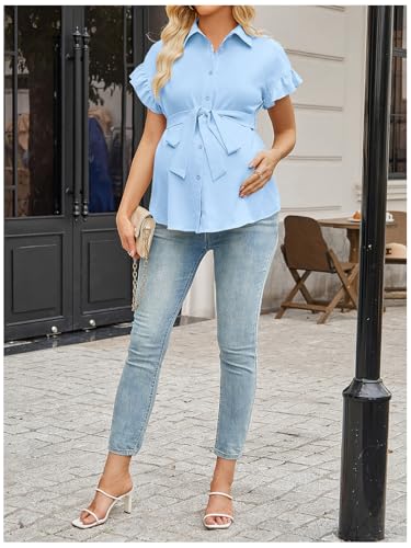 MakeMeChic Women's Maternity Nursing Work Blouse Pregnancy Ruffle Tops - color: Light Blue, size: XX-Large