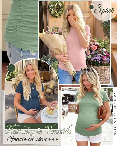 Xaatren 3 Pack Women's Maternity Short Sleeve Shirts - color: Blue, Light Pink, Light Green, size: Medium