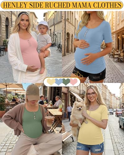 4 Pack Womens Short Sleeve Maternity Shirts - color: Light Yellow, Light Blue, Gray Green, Light Pink, size: Large